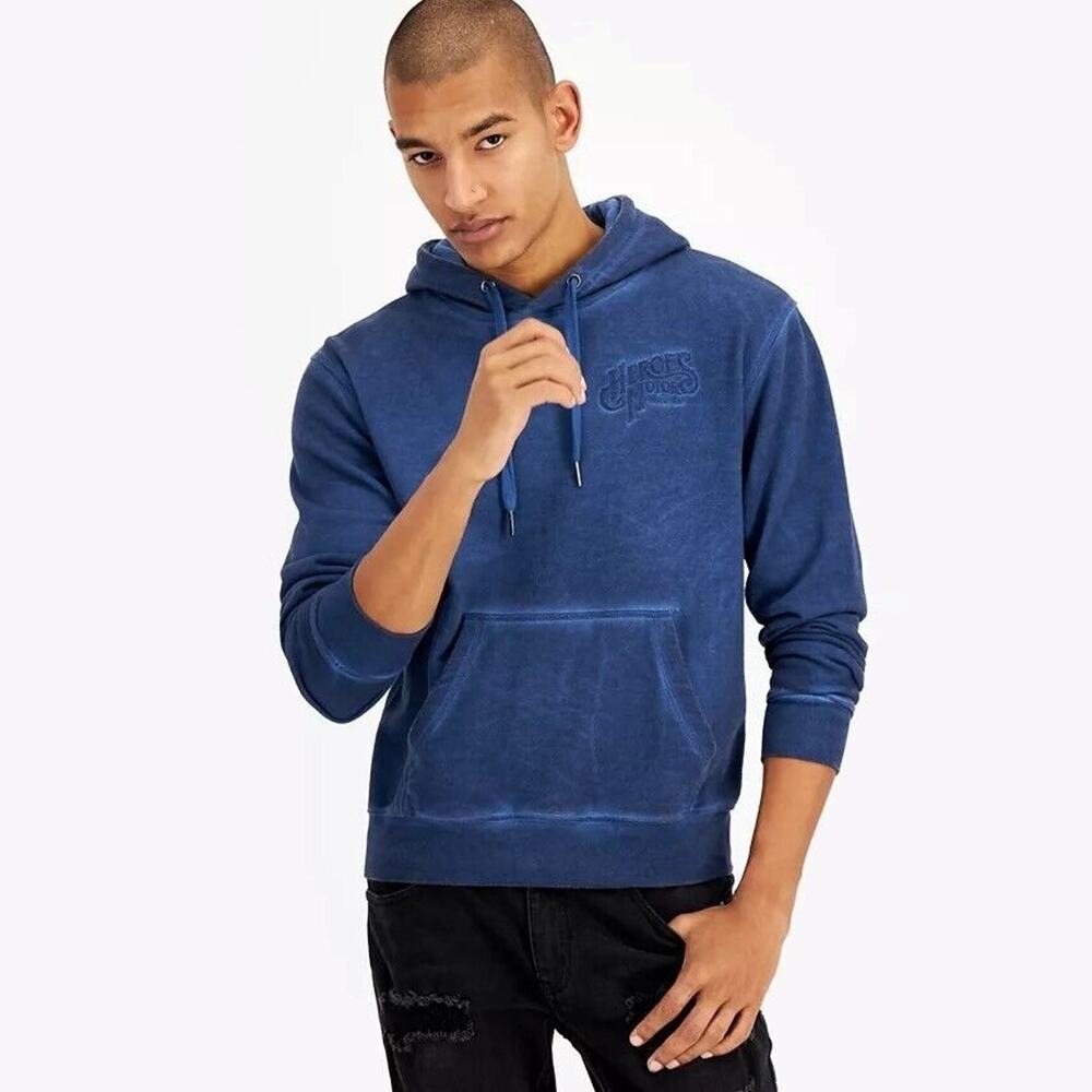 Heroes Motors Men's Washed Blue Cotton Terry Pullover Kangaroo Hoodie Size XXL